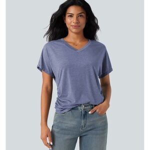 Halara Womens V-Neck Short Sleeve Ruched Relaxed Casual Top Blue XL